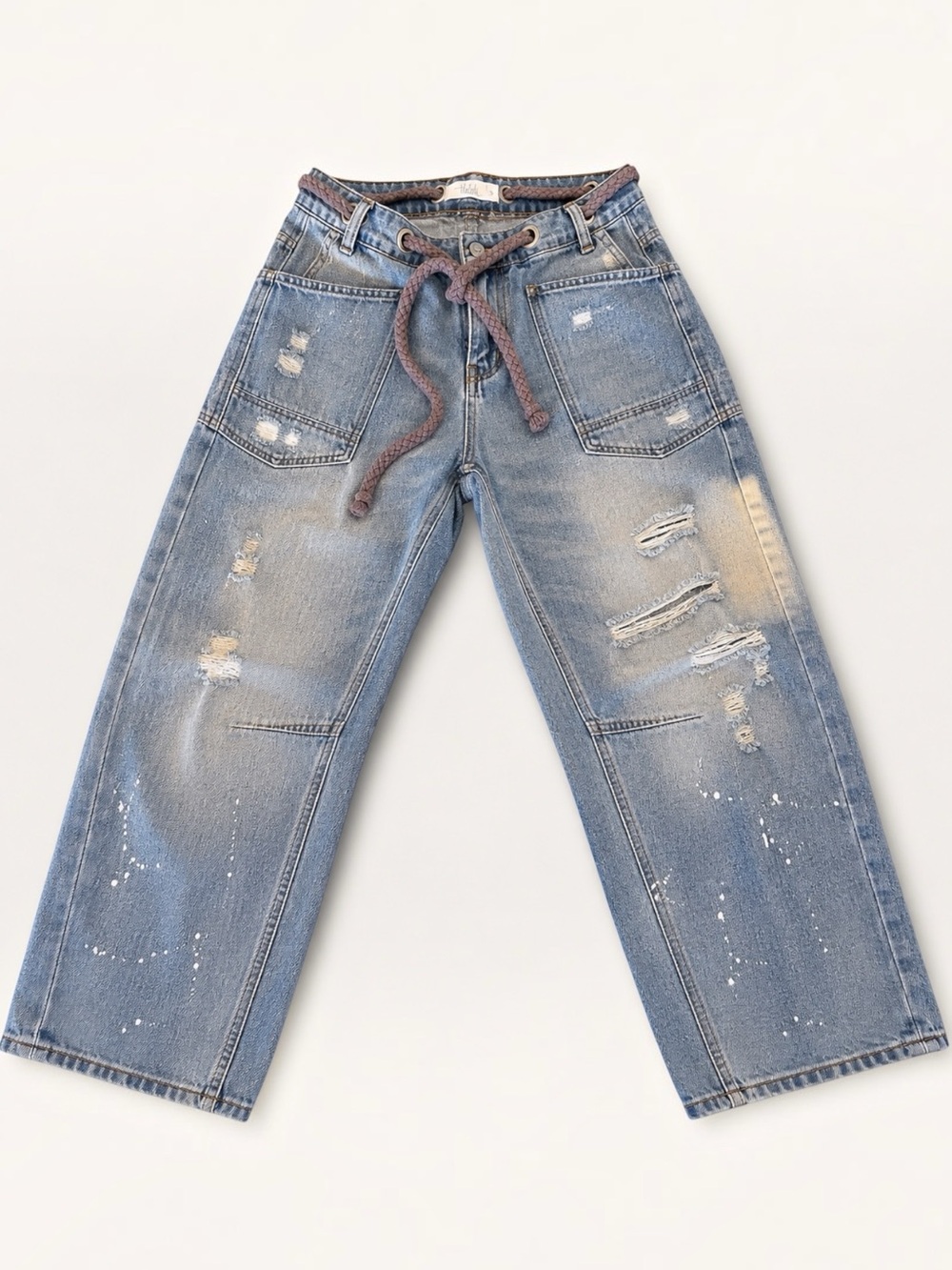 Talulah Distressed Barrel Jeans Drawstring Utility Denim Size S NWOT